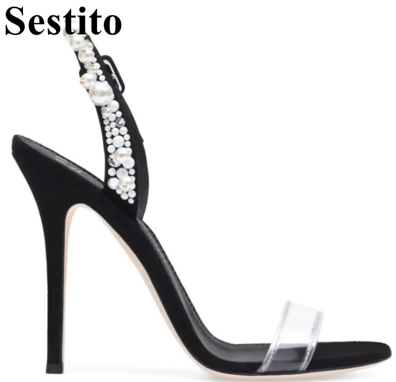 

2019 Newest Summer Pearl Decoration Sample Fashion Sexy Thin High Heel And Open Toe Party Women Sandals High Qaulity