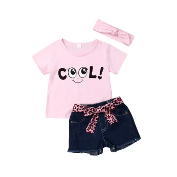 

1-5Years Cute 3PCS Toddler Kids Baby Girls T-shirt Tops+Jeans Pants Shorts with Leopard Waistband Outfits Summer Clothes