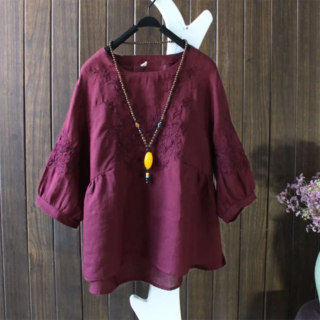 Best Price Vintage Embroidered Flower Loose Shirt Women's Tops Cotton Linen Lantern Sleeve Autumn Blouses Ladies Retro Blusas Mujer