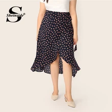 Sheinside размера плюс юбка с принтом в виде сердца для женщин Весна Бохо с разрезом по бокам трапециевидная юбка женская повседневная юбка с поясом