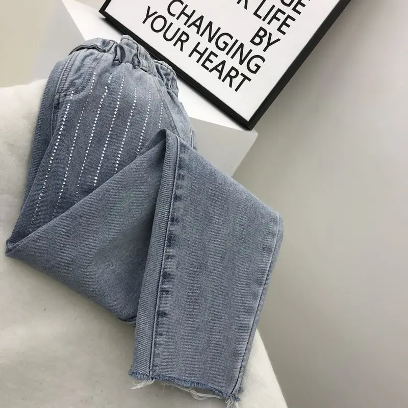 Pantalon Étudiants Chaude Déchiré Ciel Bande Printemps Pu Femme Lâche Mode Jeans Verticale Taille Nouvelle 2019 Denim Détendue forés Casual 0aEgR