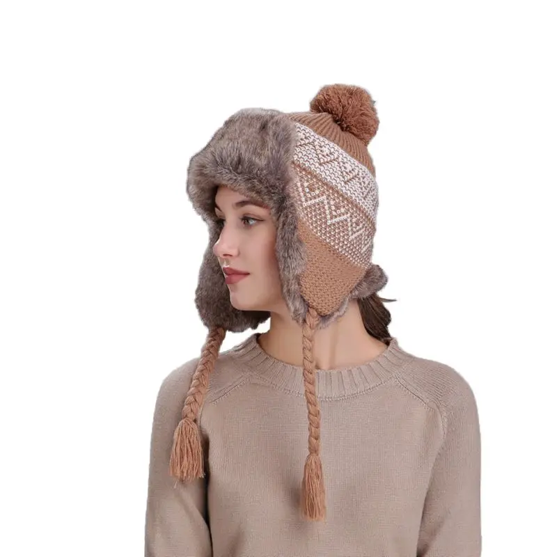 11 Styles Women Winter Thicken Lining Earflap Hat Knitted Contrast Color Snow Ski Beanie Cap Pompom Ball Long Tassels Ear Warmer - Цвет: Khaki(wavy)