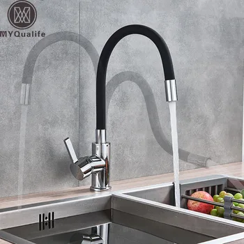 

Black Pipe Chrome Kitchen Sink Faucet Flexible Rubber Neck Hot Cold Water Mixer Tap Deck Mounted Rotate Kitchen Tap