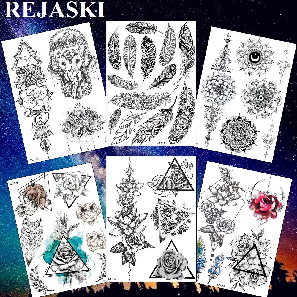 

Временные татуировки REJASKI с перьями, лотосом, геометрические наклейки, розовые цветы, треугольные черные татуировки для женщин, искусство на талии, индивидуальные татуировки