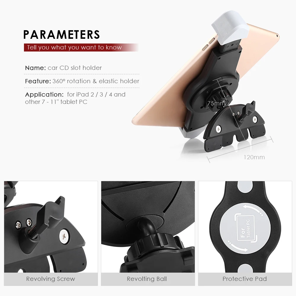 Car Universal CD Slot Mount Holder for 7 - 11 Inch Width Tablet PC 360 Degree Rotation