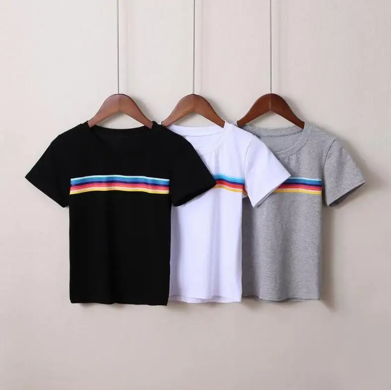 

Summer New Fashion Round Neck Rainbow Print Short T-Shirt