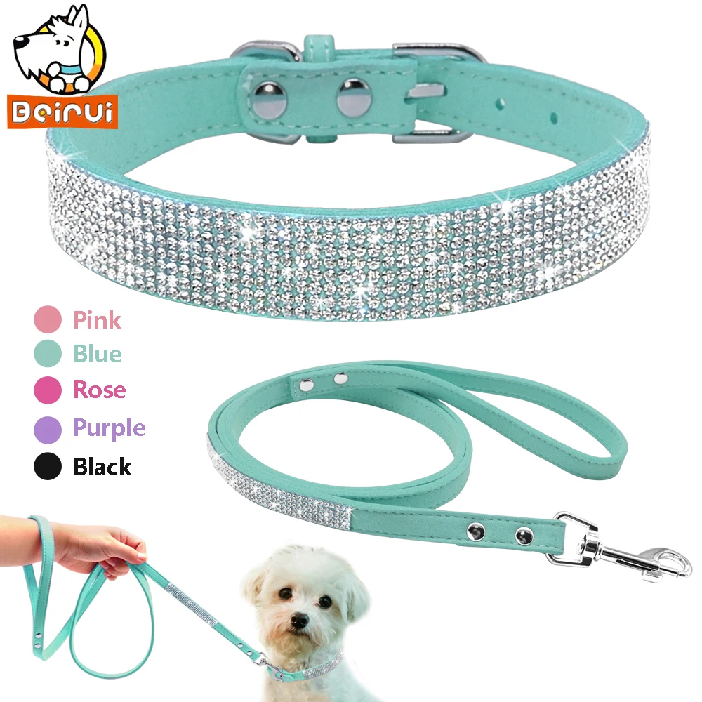 

Suede Leather Dog Collar Leash Set Rhinestone Crystal Soft Material Adjustable Small Dogs Cat Pets Collars Leads Chihuahua