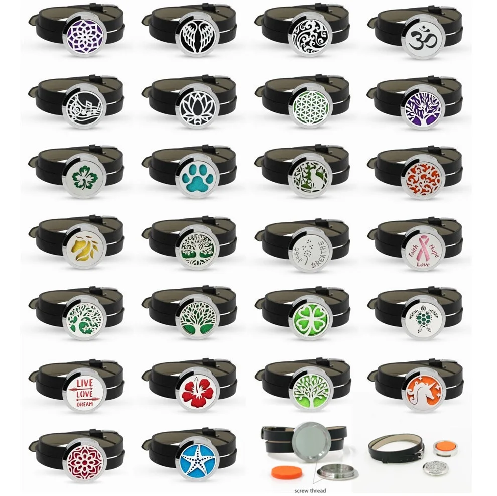 

Tree of life Plain 30MM Diffuser Perfume Aroma Essential Oil Bracelet 10pcs free pads 6 color Leather Wristband can choose