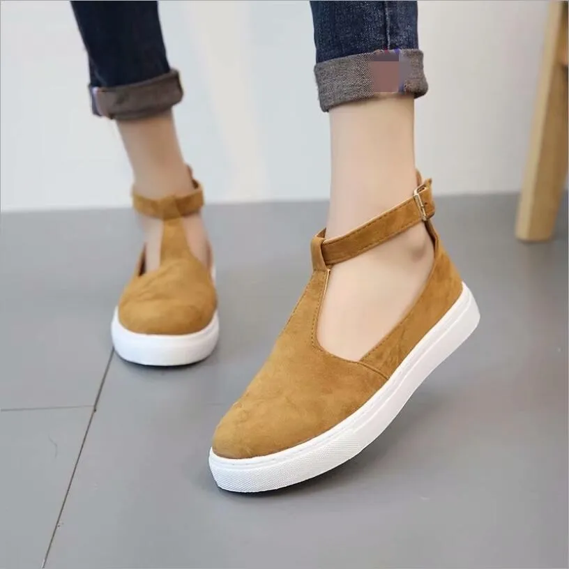 

EOEODOIT 2019 Spring Autumn New Arrival Flats Faux Suede Leather Round Toe T Buckle Flat Heel Shoes Women Casual Sneaker Loafers
