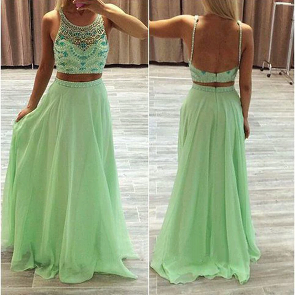 Sexy Beaded Light Green Prom Dress Long Girls Chiffon Two Piece Prom