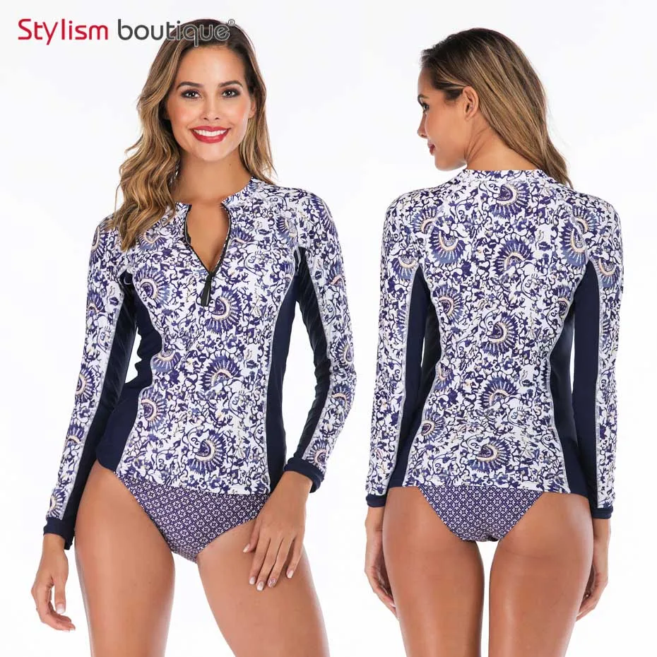 

2019 Women Rashguard Long Sleeve Swimsuit Surfing Rash Guard Two Piece Tankini Separate Female Swimwear Bathing Swimming Suit