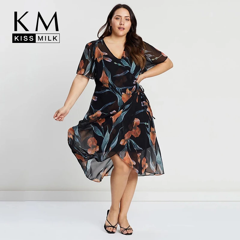

Kissmilk Summer Fashion Simplicity Sexy V-neck Asymmetrical Hem Slanting Sash Large Size Multicolor Printing Mid-length Dress