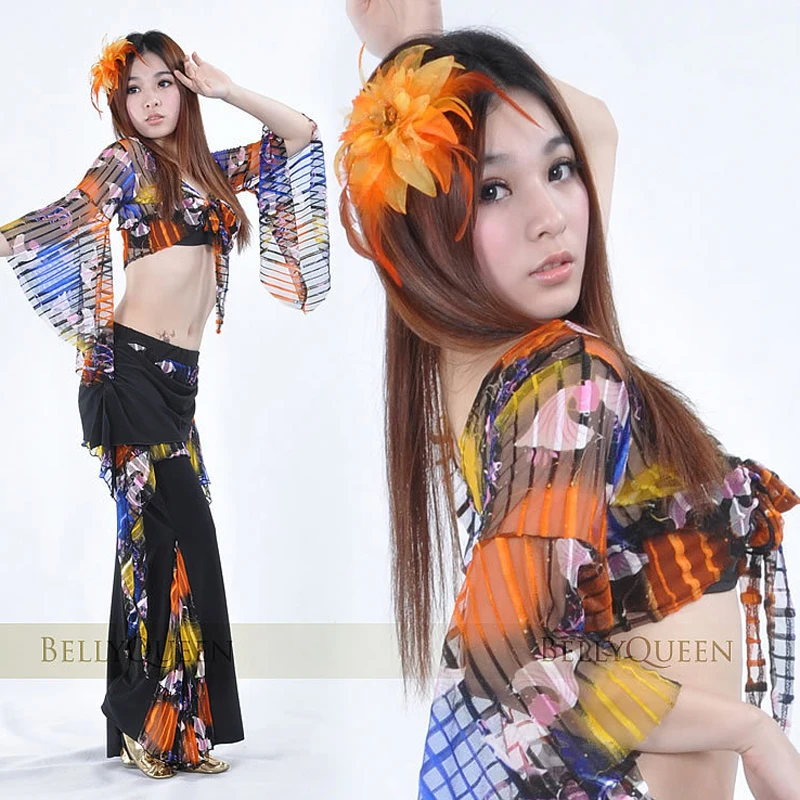 

Belly Dance Costumes Set lace stripe butterfly sleeves blouse and tribal skirt pants 2pcs set mix color practice dancewear SF9