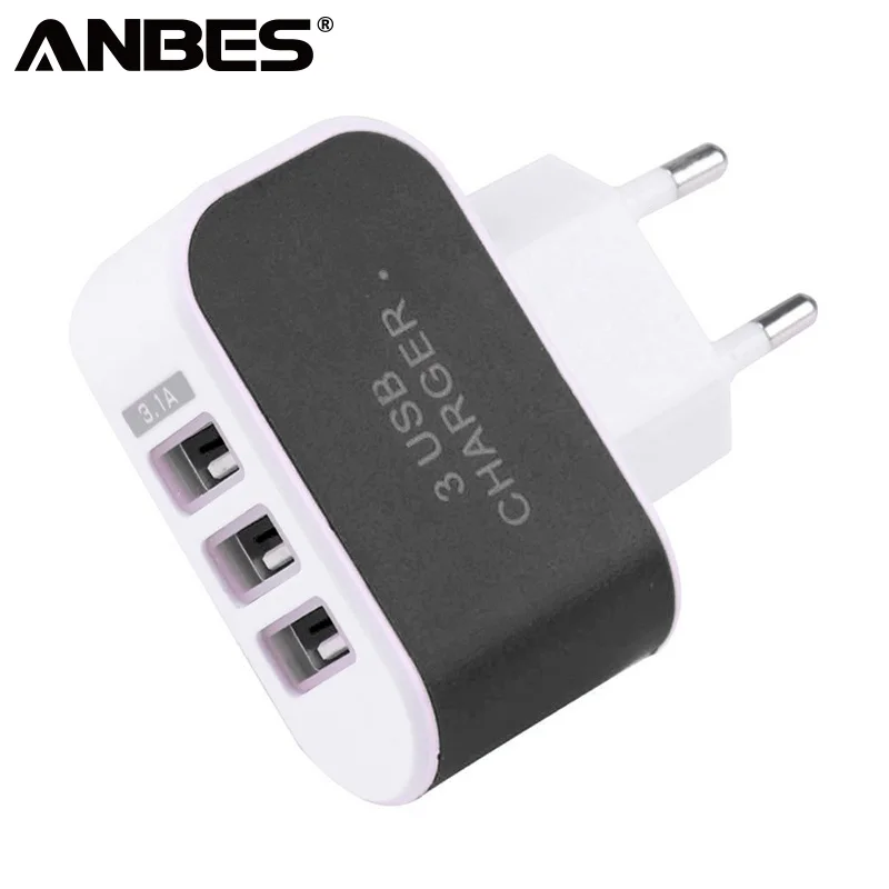 

ANBES EU Plug Phone Charger 3 Ports LED Light USB Charger 5V 2A Wall Adapter Mobile Phone Data Charging For iPhone Samsung