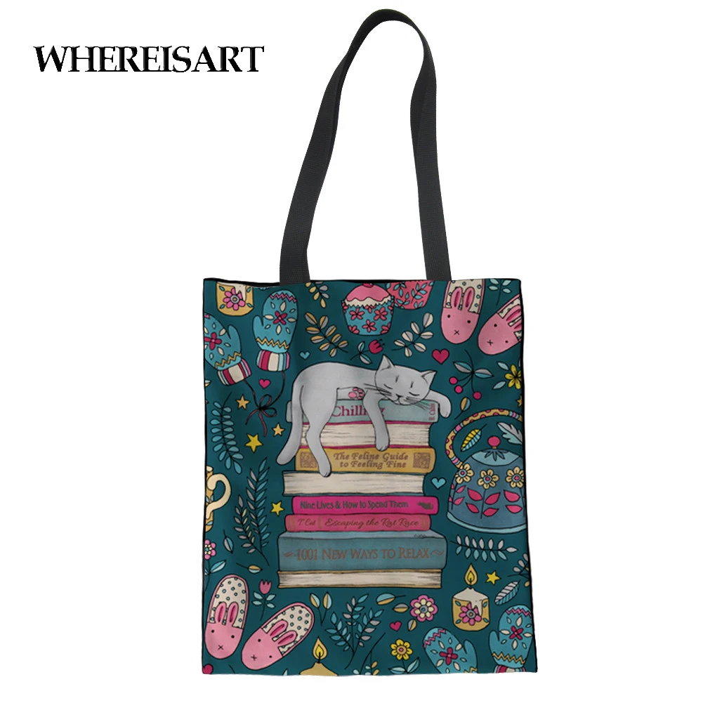 WHEREISART/сумка для покупок с рисунком кота, многоразовая сумка для покупок, Женская Холщовая Сумка, сумки для отдыха, модная сумка на плечо
