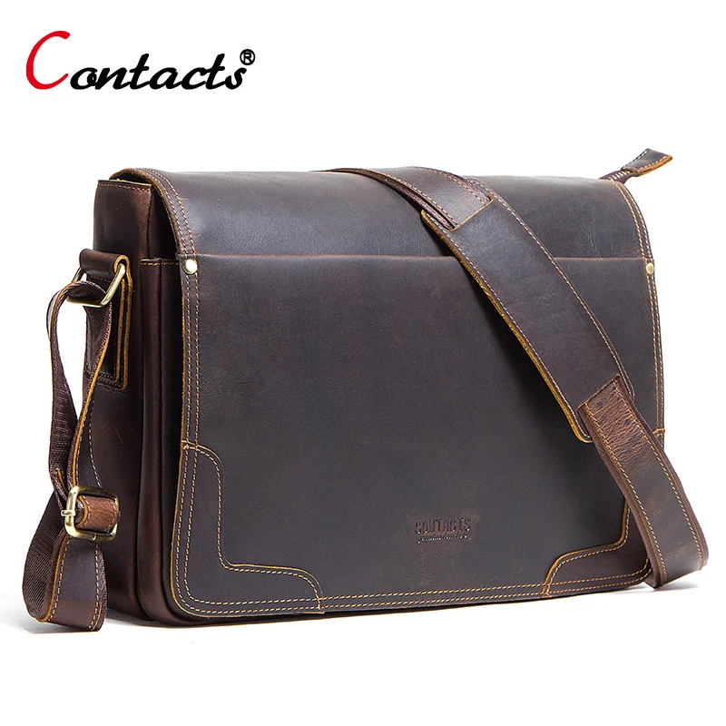 

CONTACT'S crazy horse leather men's shoulder bag vintage messenger bags men bolsos male crossbody bags man's handbag Briefcase