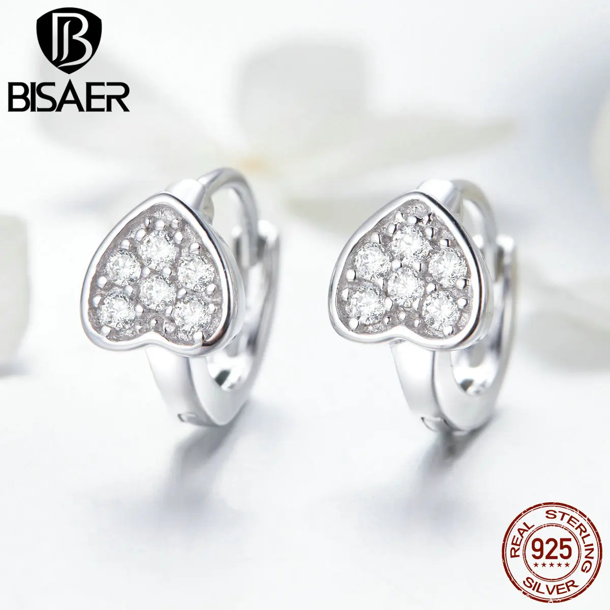 

BISAER Genuine 925 Sterling Silver Dazzling Love Heart CZ Crystal Small Stud Earrings for Women Sterling Silver Jewelry ECE514