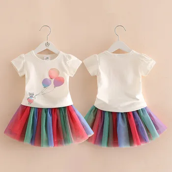 

2020 Summer 3 4-10 Years Old Kids Girl Party Elegant Princess Cat Balloon T Shirt+Colorful Rainbow Lace Skirt 2 Piece Dress Sets