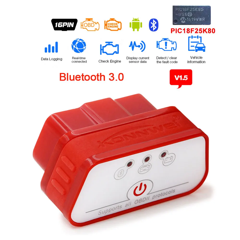 Konnwei KW901 elm 327 obd2 Bluetooth V1.5 Pic18f25k80 чип OBD2 bluetooth сканер для считывания штрих-кода диагностический инструмент крутящий момент для Android - Цвет: SC01-E BT3.0