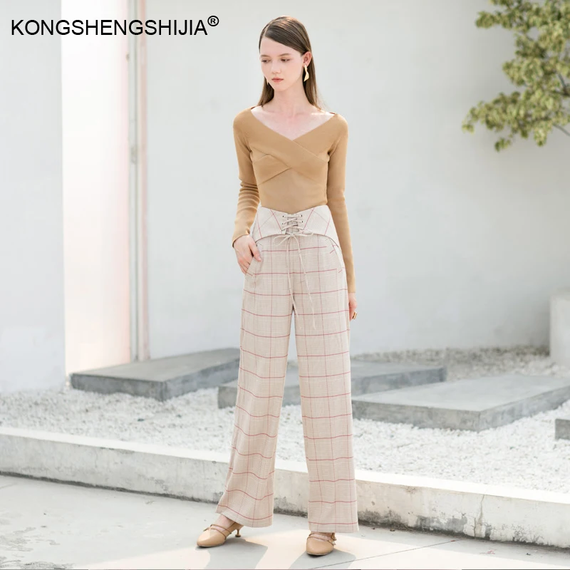 vintage style plaid 2017 new fashion wide leg pant elastic