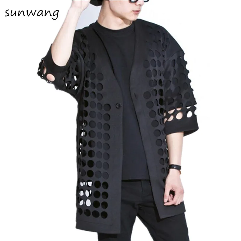 

2019 Harajuku Brand Mesh Sexy Hollow Designer Mens Cape Coat Windbreaker Fashion Stylish Trench Coat Men Summer Jacket Black