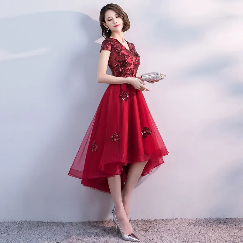 FADISTEE Hot sale short dresses high-low back cocktail party zipper simple style satin sequin Burgundy prom dress style
