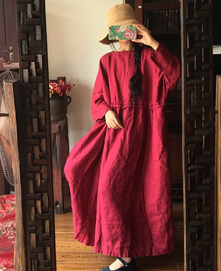 

Women Solid Color Thick Linen Bat Sleeve Dress Ladies Vintage Plus Size Robe Dress Female Washed Retro Dresses Autumn Loose