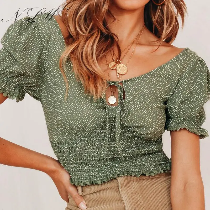 

NLW Women 2019 Summer Casual V Neck Smocking Short Sleeve Crop Tops and Blouse Fashion Green Polka Dot Shirt Female Chic Blusa