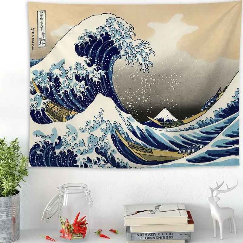 

Japan Kanagawa Waves Printed Hanging Tapestry Whale Arowana Wall Hanging Tapestries Boho Bedspread Yoga Mat Blanket 200*148cm