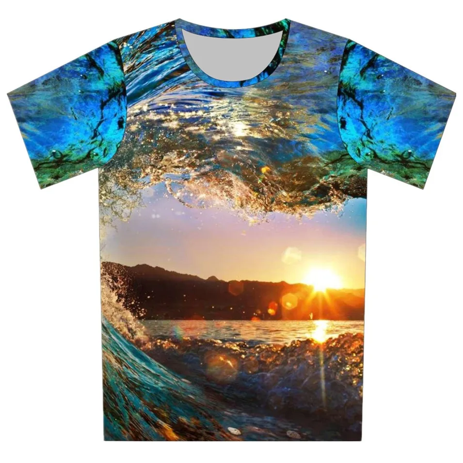 

New 2018 Summer Boy T-shirts t shirt for Childrens Cool Tops 3d print Waves Sea Sun Creative Tees 3d T-Shirt fit 4-15 years old