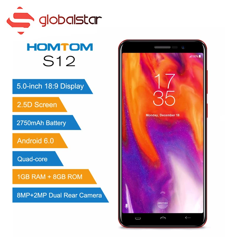 HOMTOM S12 5,0 "18:9 полный Экран двойной назад камеры 8MP + 2MP смартфон MTK6580 4 ядра 1G RAM 8G ROM 2750 мАч Android 6,0 телефон 3G