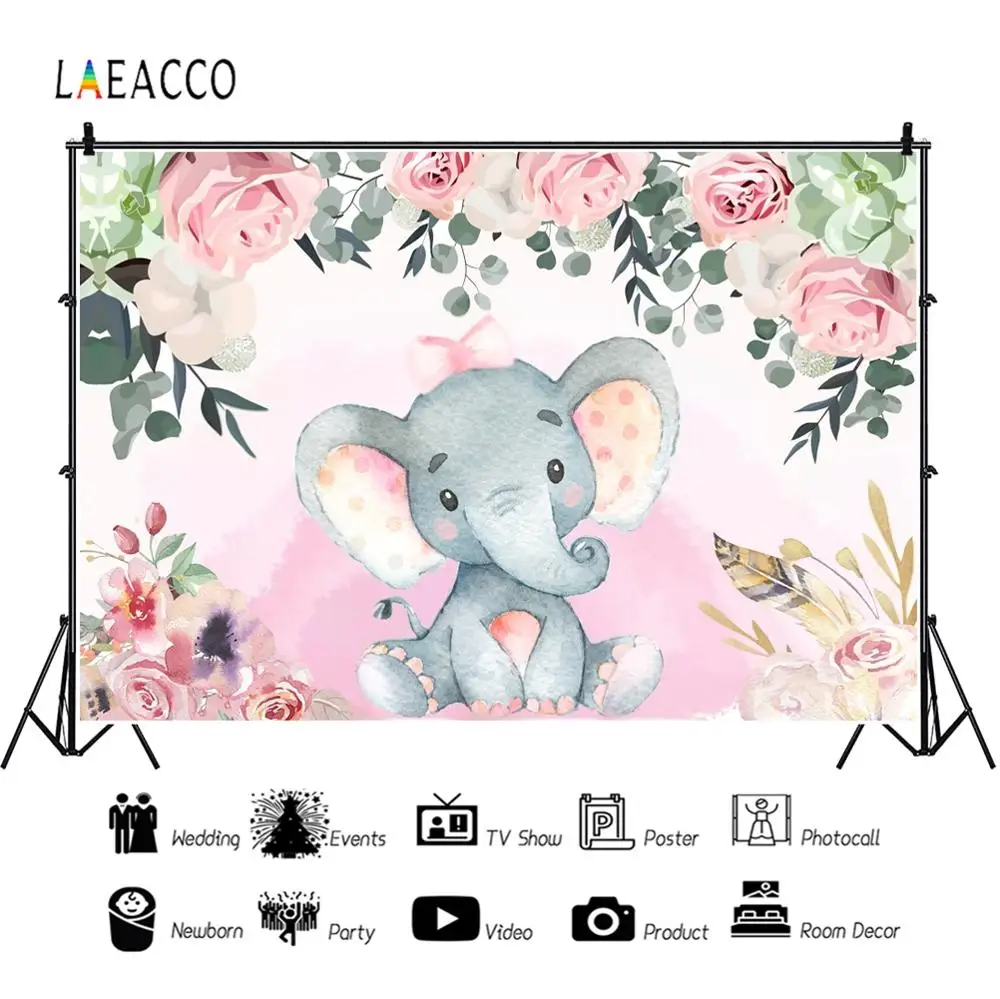 Laeacco Elephant Flowers Blooming Baby Shower Birthday Party Photography Backgrounds Photographic Backdrops For Photo Studio