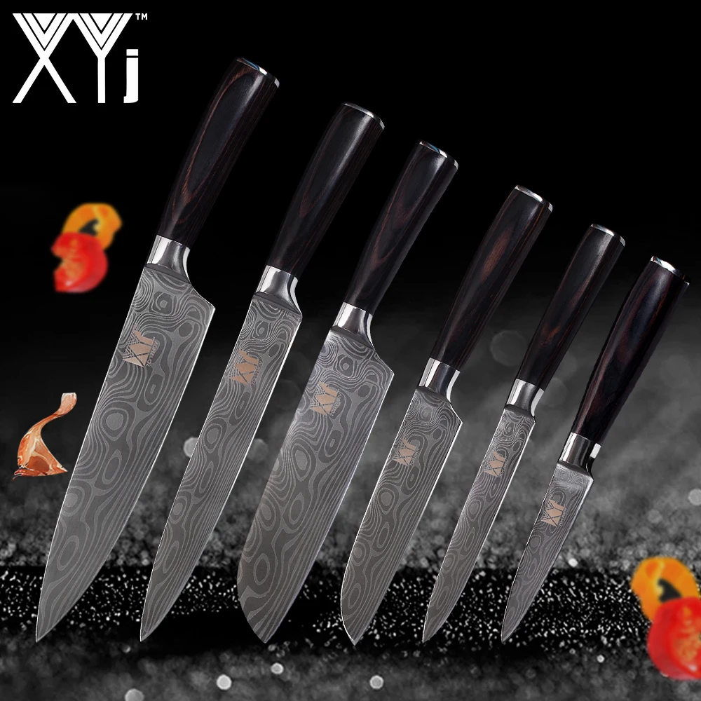 

XYj Kitchen Cooking Stainless Steel Knife Set Paring Utility 2*Santoku Slicing Chef Damascus Veins Lightweight Effort Handle