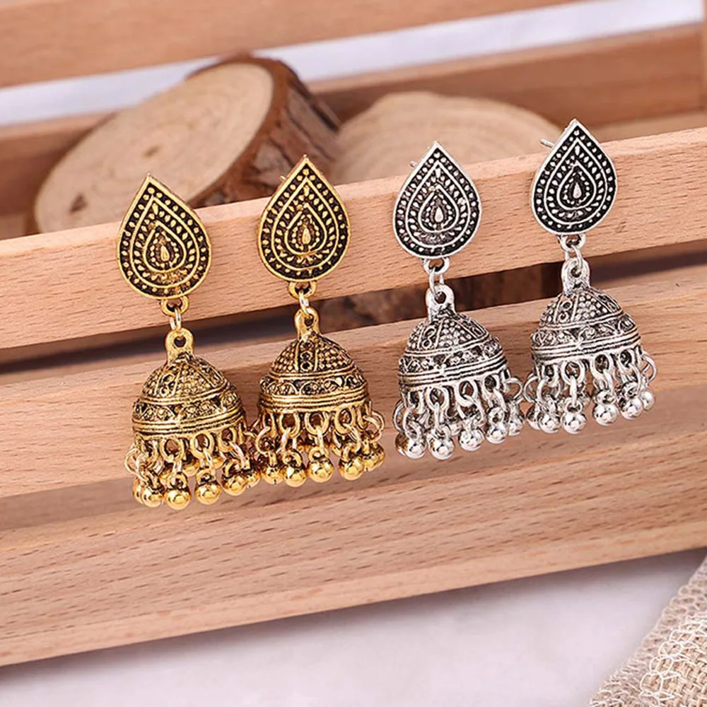 

Chadestinty Antique Gold Silver Color Bell Beaded Tassel Earrings Vintage Indian Jewelry Ethnic Dangle Earring jhumka indiens