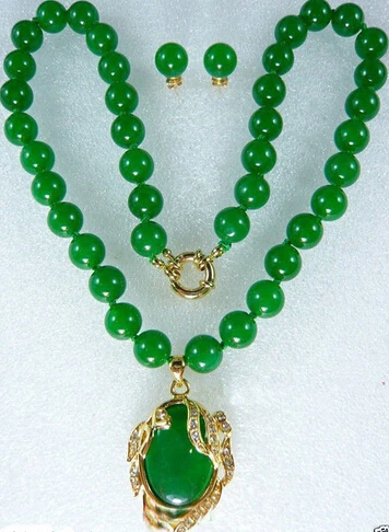

huij 003967 Jewelry 10mm green jade necklace &18KGP pendant earring set