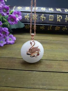 

Koraba Fine Jewelry Beautiful Chinese Natural White Jade Swan Safety Buckle Pendant Necklace Free Shipping