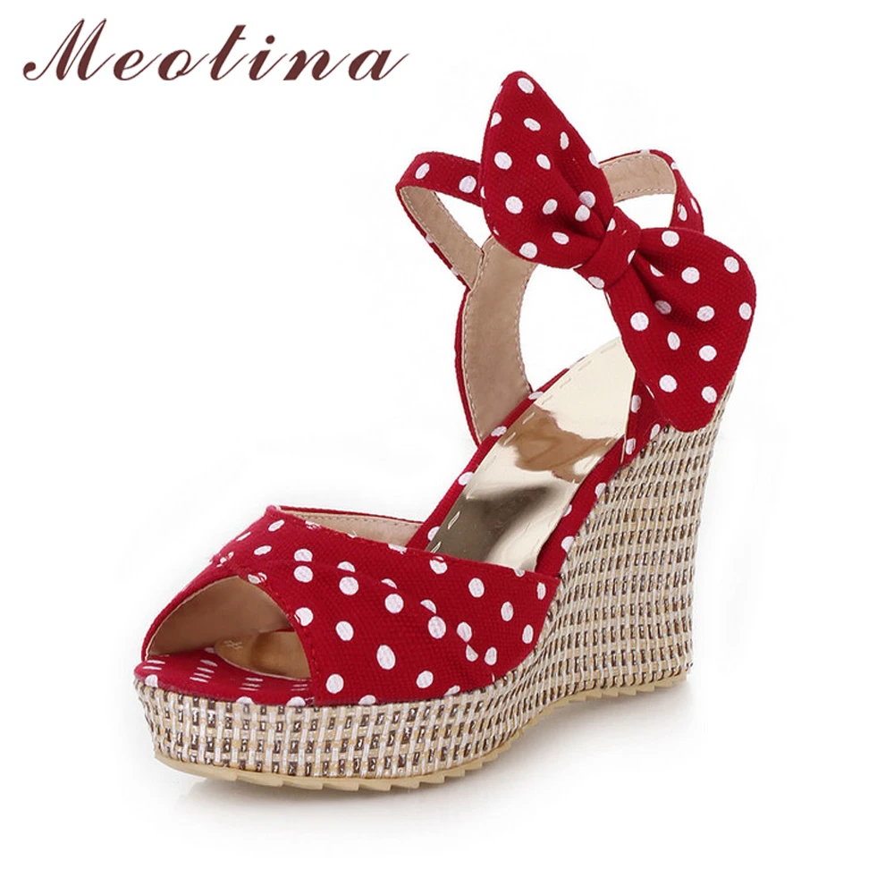 melhor Meotina Verão Sapatas Das Senhoras Sapatos de Plataforma Peixe bolinhas Arco Cunhas Plataforma Saltos do dedo do pé Das Mulheres Sapatos de Duas Peças Senhoras Sapatos Vermelhos azul