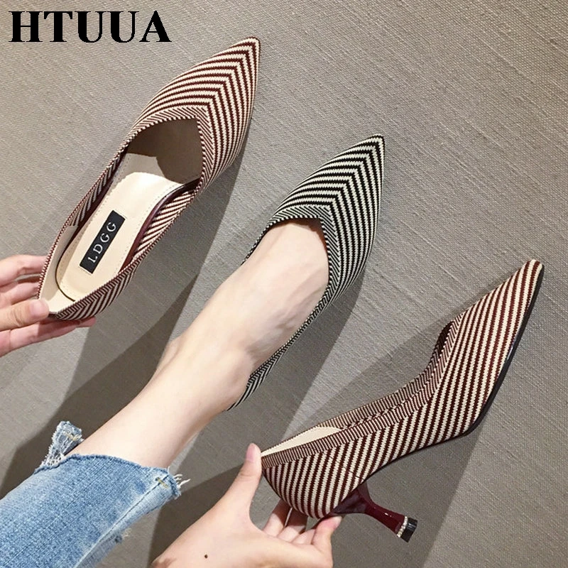 

HTUUA 2019 New Autumn Stripe Stretch Knitted High Heels Women Pumps Breathable Cozy Pointed Toe Single Shoes Woman SX2897