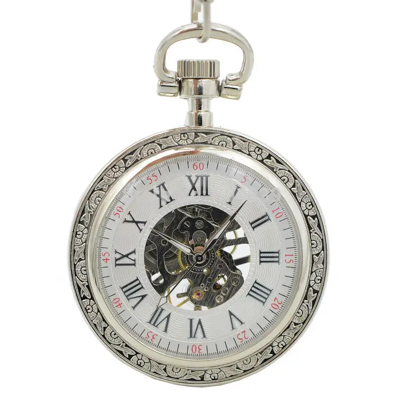 Luxury Open Face Silver Tone Men's Wind Up Mechanical Pocket Watch