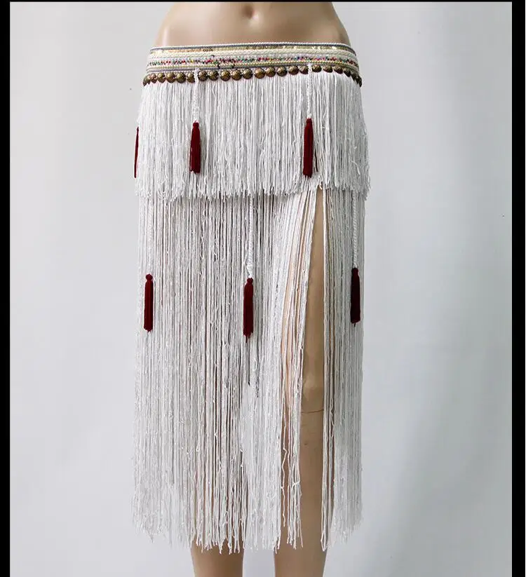 Танец живота племенной пояс с бахромой юбка черный бежевый два слоя кисточкой Танец живота хип шарф