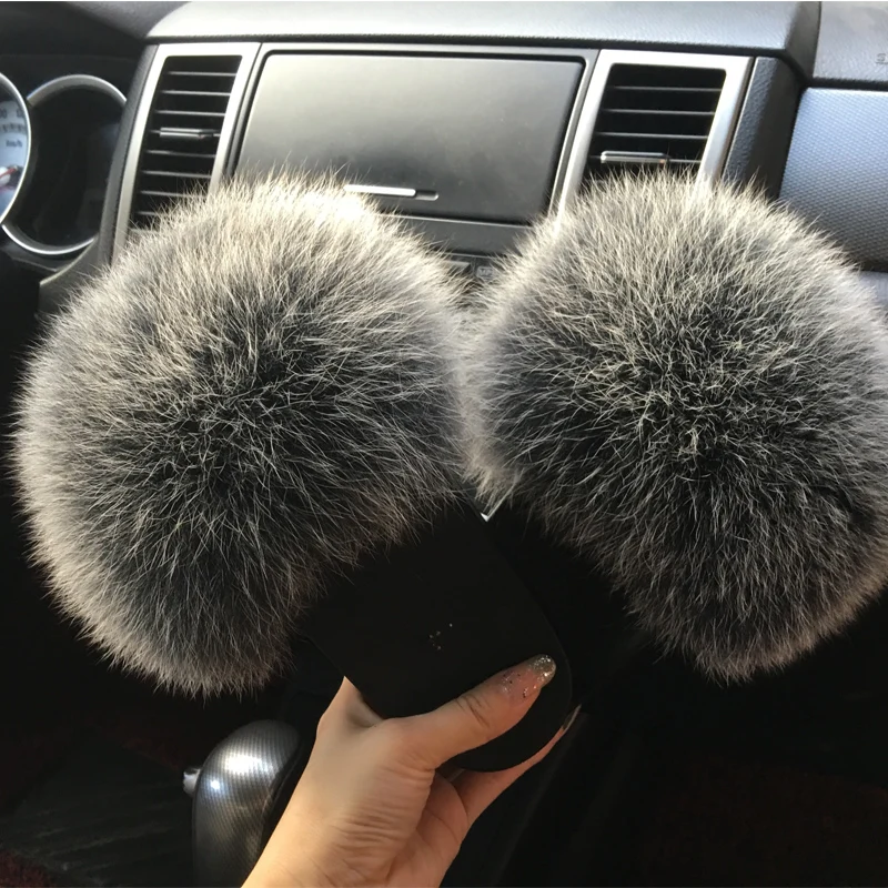 

2019 hot Sale Women Fur Slippers Luxury Real Fox Fur Beach Sandal Shoes Fluffy Comfy Furry Flip Flops For Women Big Size