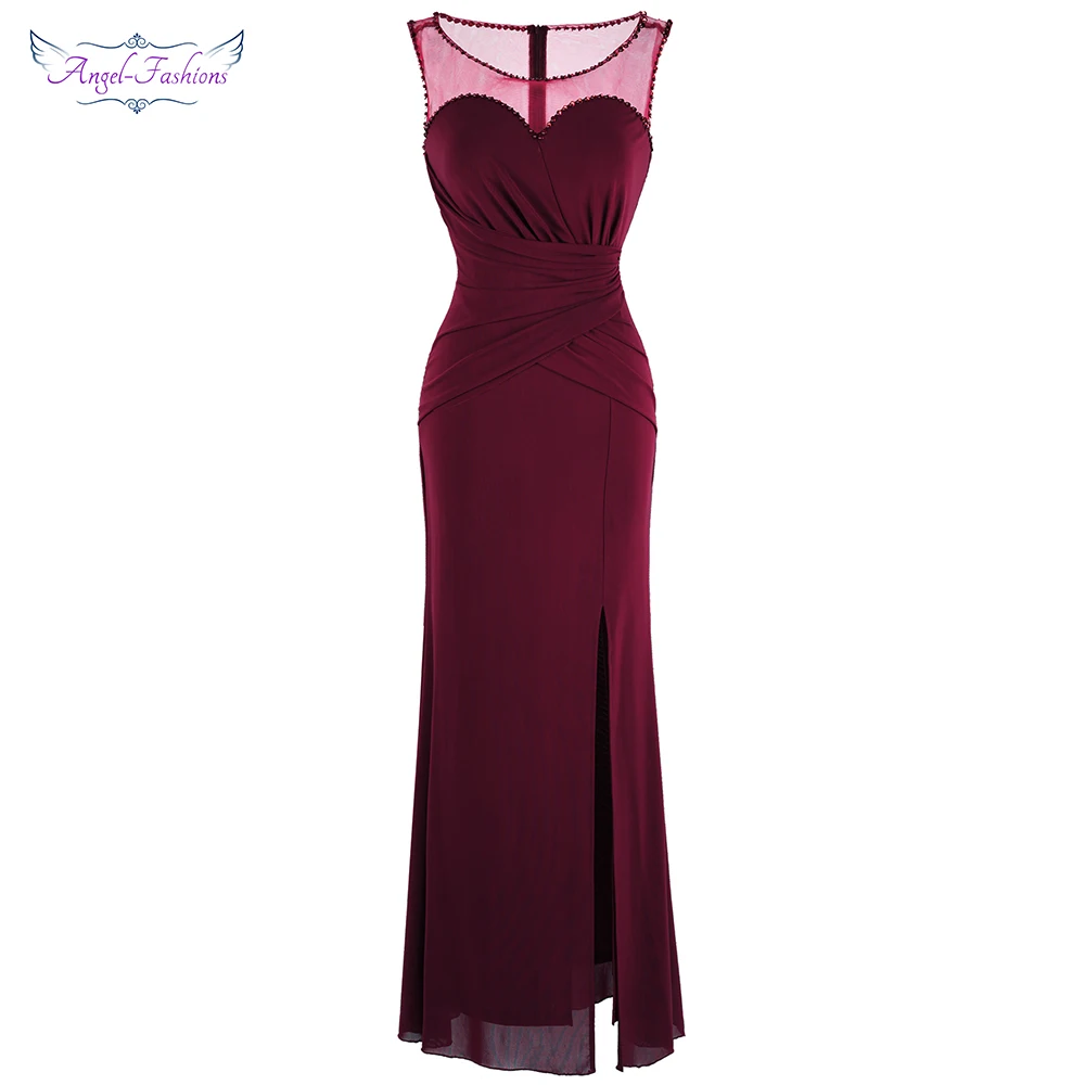 Angel-fashions Women's Sheer Round Neck Beading Evening Dresses Long Elegant Peplum Party Gown Wine Red 433 Angel-fashions Women's Sheer Round Neck Beading Evening Dresses Long Elegant Peplum Party Gown Wine Red 433