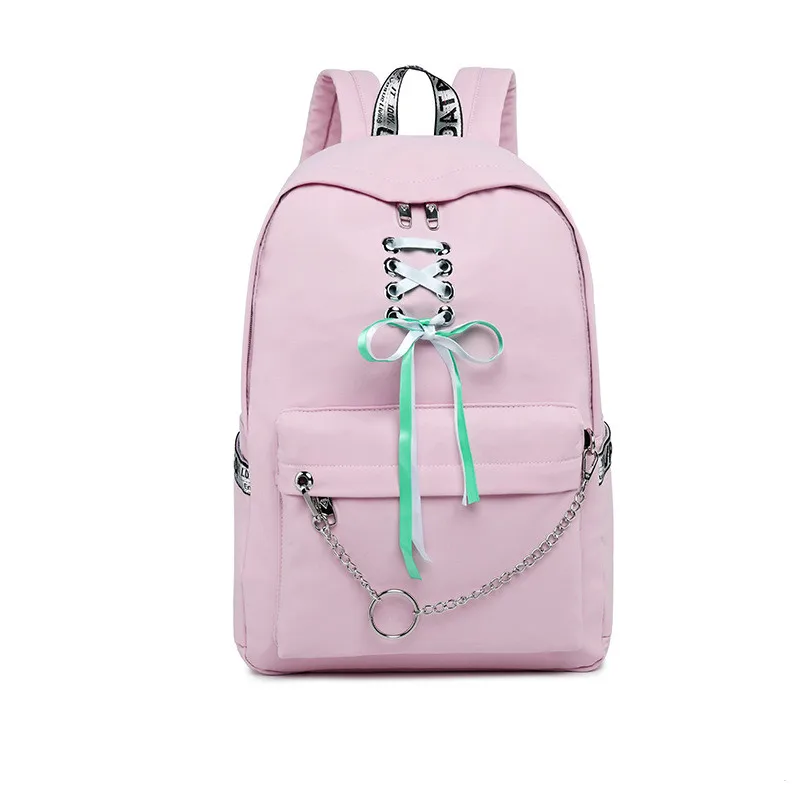 Tourya, Модный водонепроницаемый нейлоновый женский рюкзак, корейский, для девочек, на шнурке, цепи с бантиком, дизайн, школьная сумка, рюкзак для путешествий - Цвет: pink2