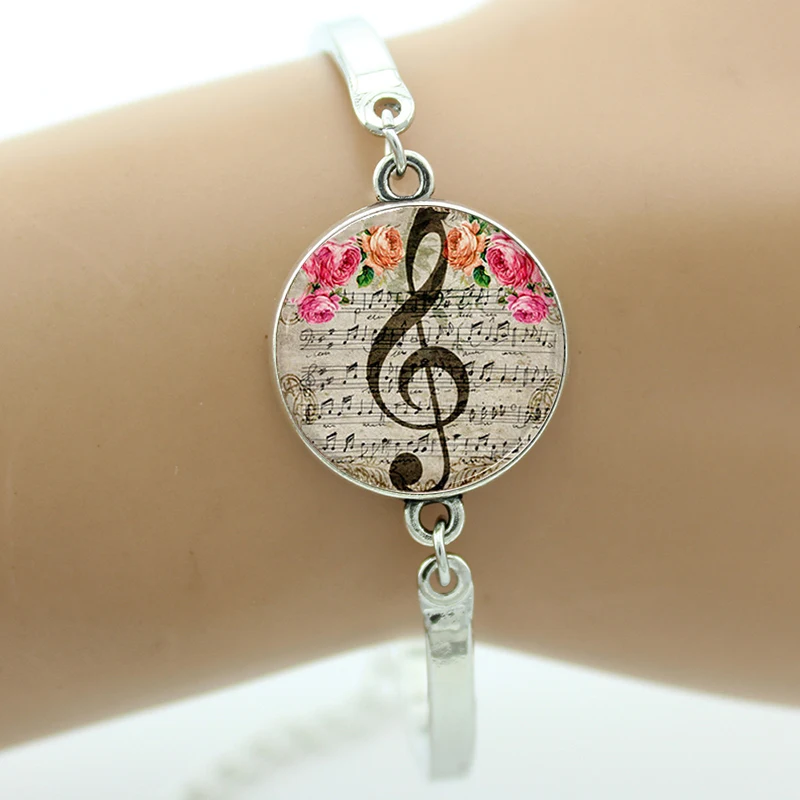 

-Clef Bracelet,Music Note Bangle,Glass Cabochon Dome Charm, Art Musical Note Picture silver brcelet For Women Gifts GL018