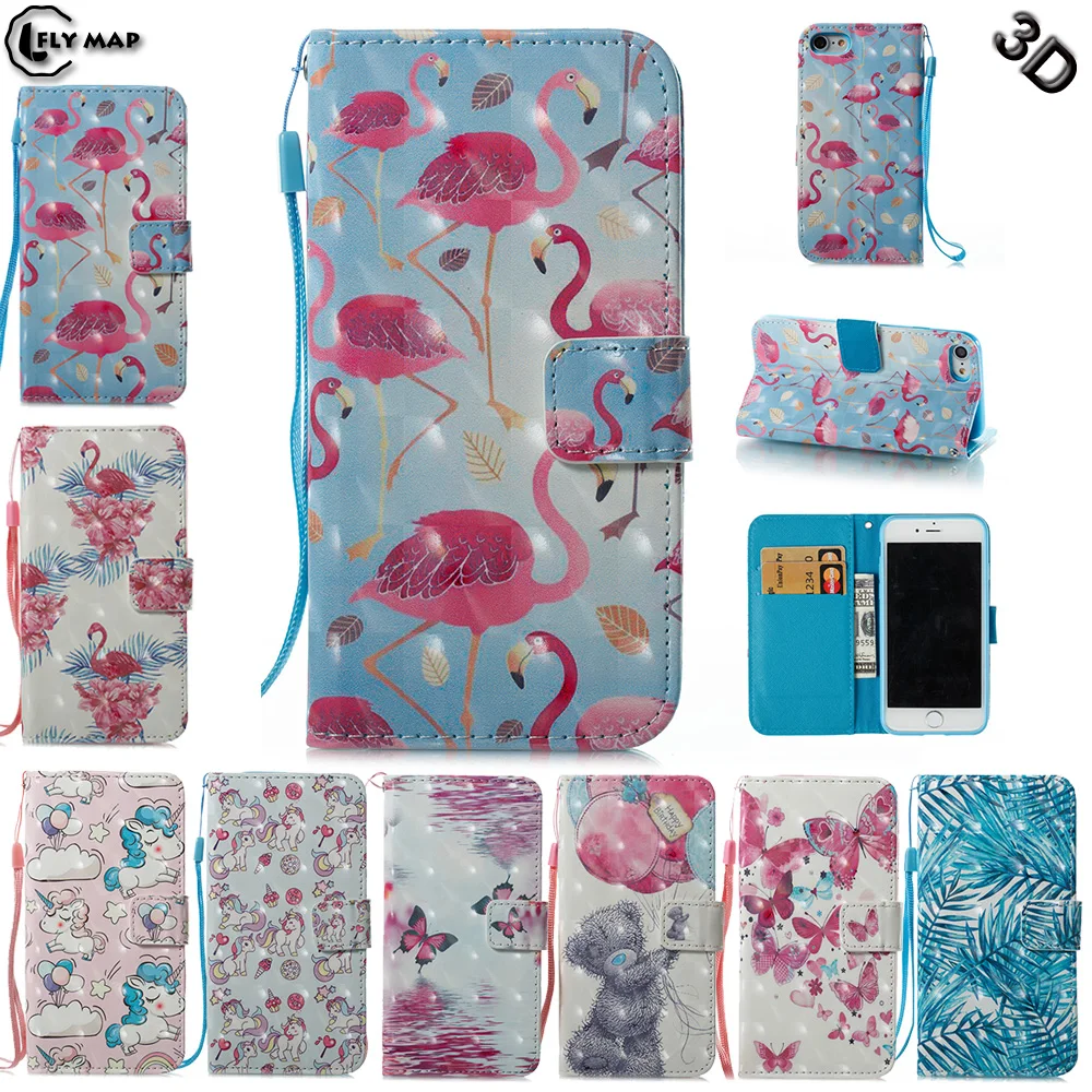 Goede 3D Flip Case voor Apple iPhone 7 A1779 A1780 Flamingo eenhoorn portemonnee Lederen Cover Telefoon Case voor Apple iPhone 8 A1906 A1907 Capa