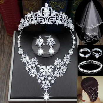 

Bride Headdress Jewelry Wedding Necklace Earrings Set Crystal Crown Tiara