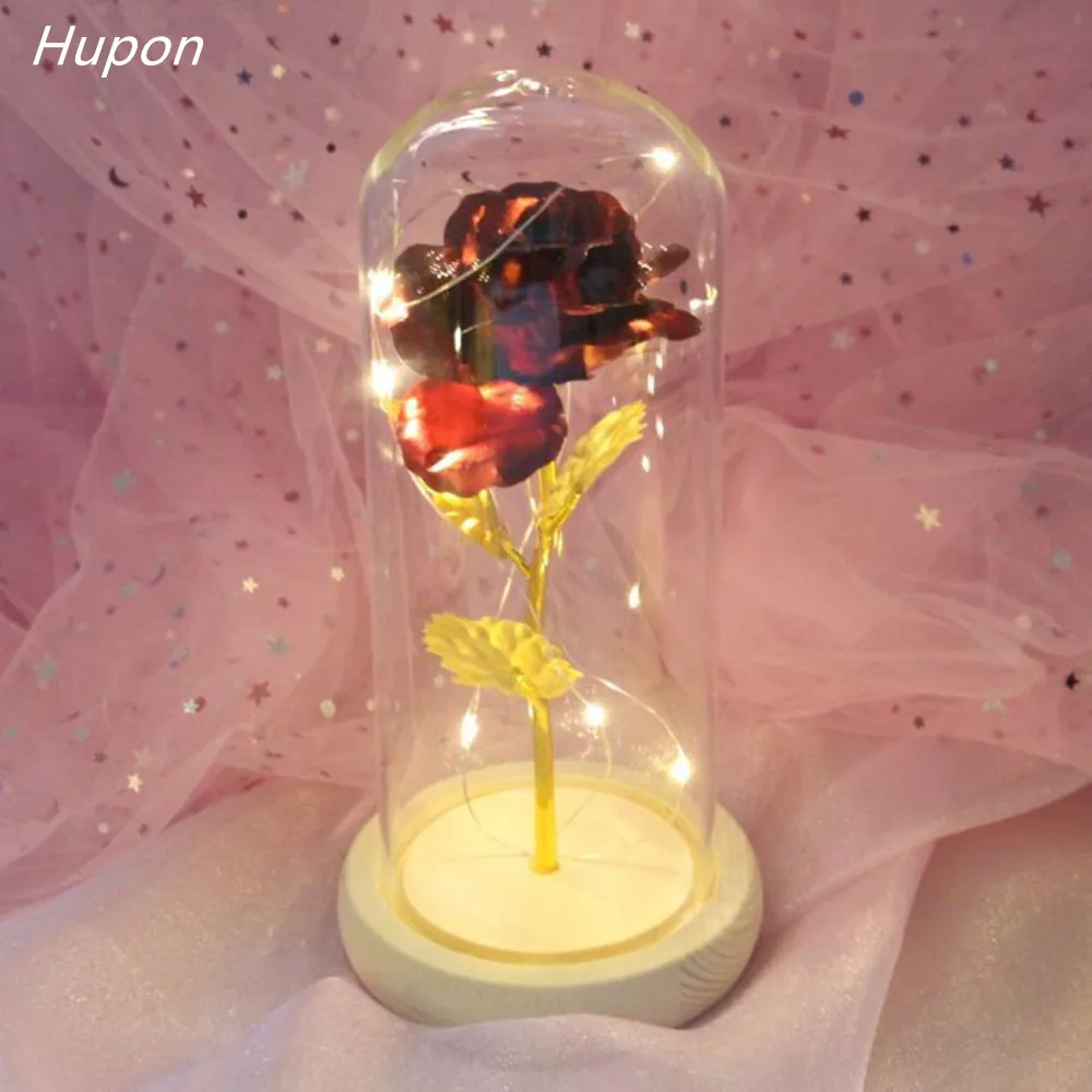 

Valentine's Day Gift Beauty and the Beast Gold-plated Red Rose In a Glass Dome On Wooden Base for Birthday LED String Lights