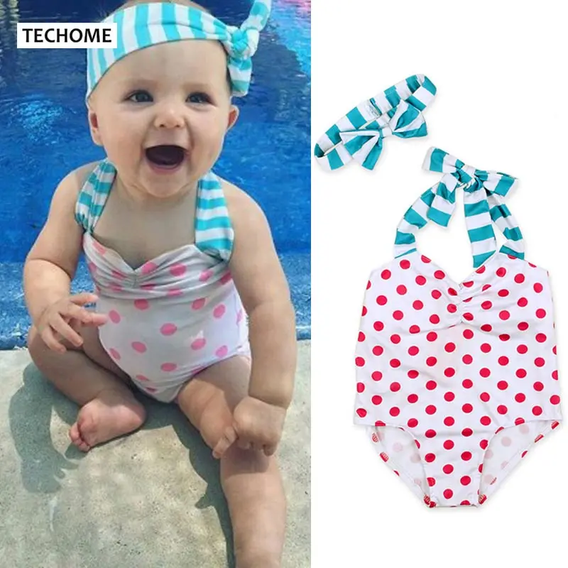 Summer Sweet Baby Swimsuit Bowknot Headwear Girls Polka Dot One Piece