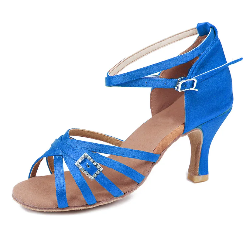 Новинка; брендовая танцевальная обувь для танго, латинских танцев; атласная танцевальная обувь на каблуке для девушек и женщин; женские бальные туфли; женские танцевальные туфли 5 см и 7 см - Цвет: 7cm heel blue