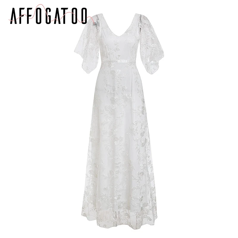 Afogatoo сексуальное кружевное вечернее платье с v-образным вырезом и открытой спиной, женское элегантное белое платье с вышивкой, танцевальное Вечернее Платье макси с высокой талией